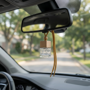 Auto-Diffusor zum Aufhängen am Rückspiegel mit Holzdeckel und Glasflakon in Anwendung im Fahrzeug