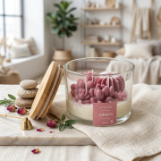 Duftkerze im Glas („Cactus“) mit Sukkulentenmotiv in Dusty Rose als stilvolle Wohnraum-Deko