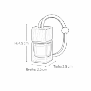 Maßskizze eines Auto-Diffusors zum Aufhängen mit 4,5 cm Höhe sowie 2,5 cm Breite und Tiefe