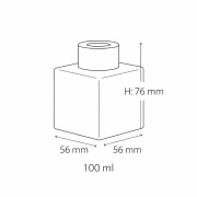 Maßskizze eines eckigen Diffusorflakons mit 56 × 56 mm Grundfläche, 76 mm Höhe und 100 ml Fassungsvermögen