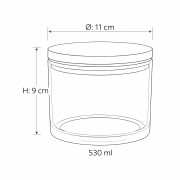 Maßskizze eines Kerzenglases mit 530 ml Fassungsvermögen, 9 cm Höhe und 11 cm Durchmesser