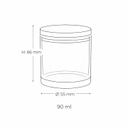 Maßskizze eines Kerzenglases mit 90 ml Fassungsvermögen, 66 mm Höhe und 55 mm Durchmesser