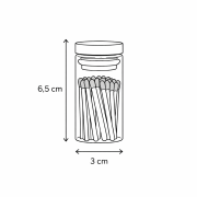 Maßskizze eines Streichholzglases mit 6,5 cm Höhe und 3 cm Durchmesser