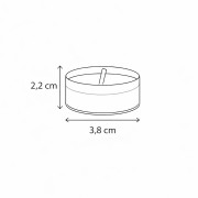 Maßskizze eines Teelichts mit 3,8 cm Durchmesser und 2,2 cm Höhe