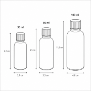 Technische Zeichnung der Duftdiffusor Nachfüllflaschen mit Maßen für 30 ml, 50 ml und 100 ml