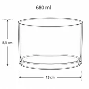 Maßskizze eines Kerzenglases mit 680 ml Fassungsvermögen, 8,5 cm Höhe und 13 cm Durchmesser